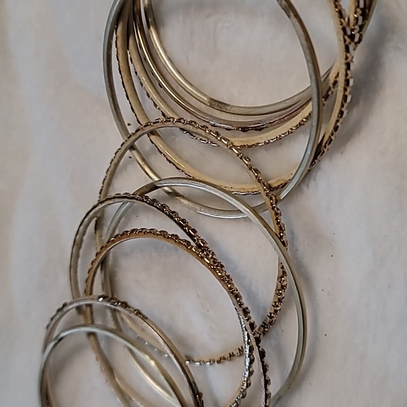 Set of 11 Silvery Creme with Golden and bead accents Stackable Wire Bracelets - Picture 2 of 5